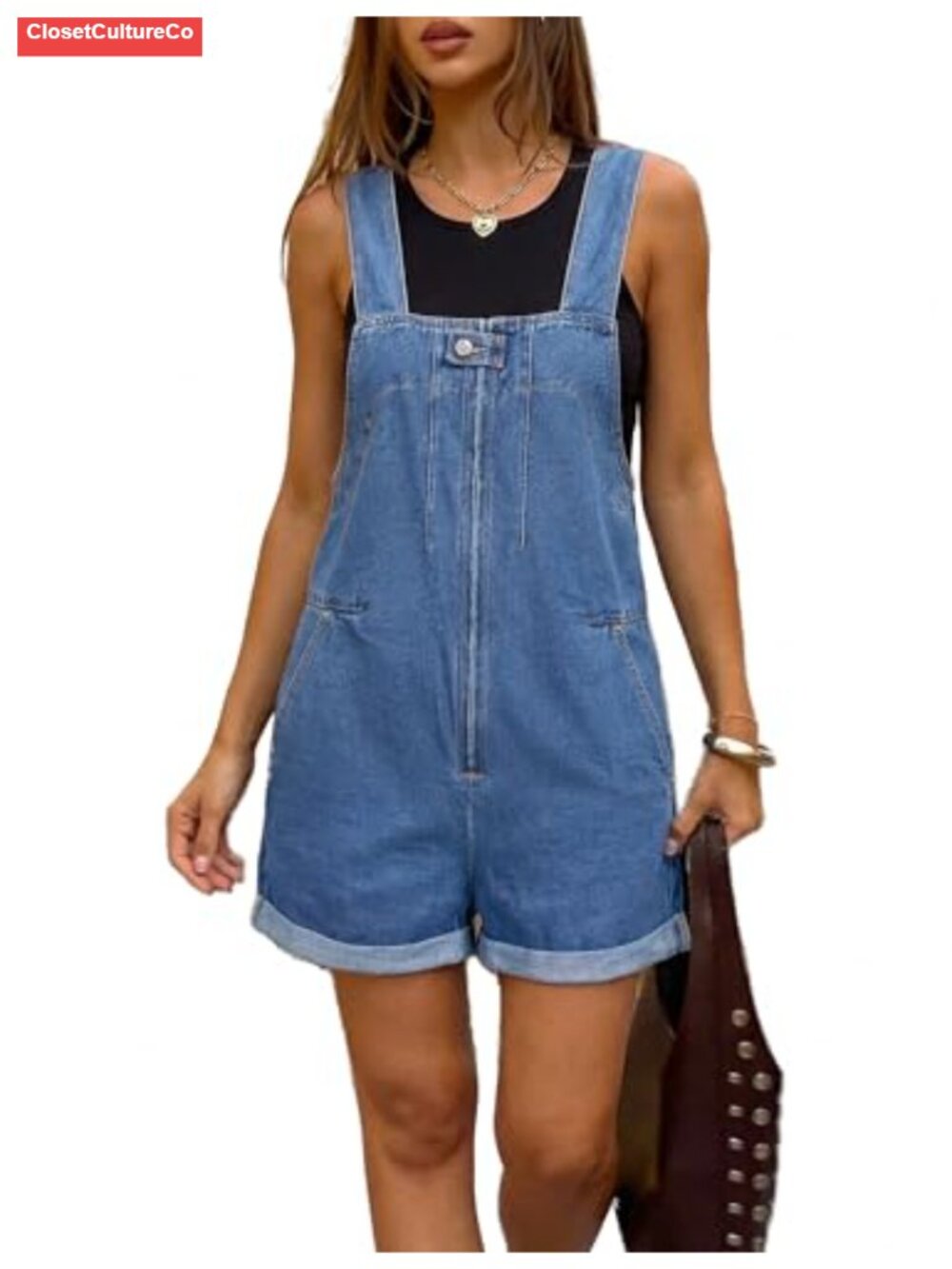 Women's Denim Romper Overall Shorts Cotton Blend Zip Front Cuffed Hem